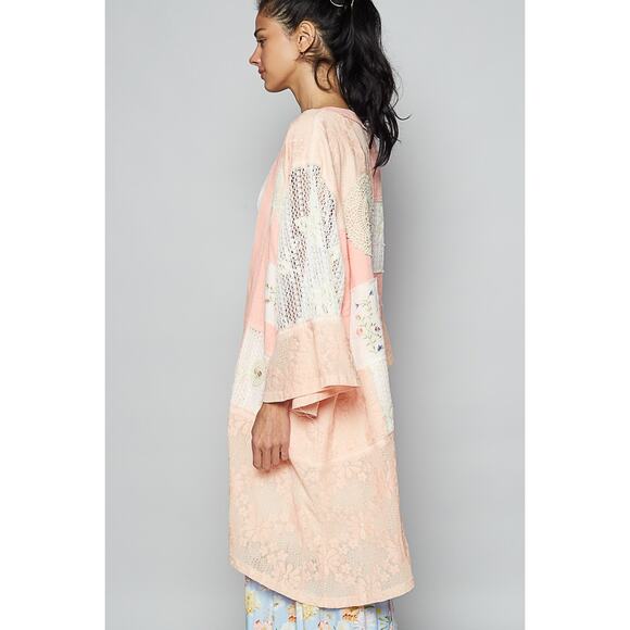 POL Double Gauze & Lace Mix Embroidered Detail Loose Open Front Cardigan | Pink - Picture 2 of 4